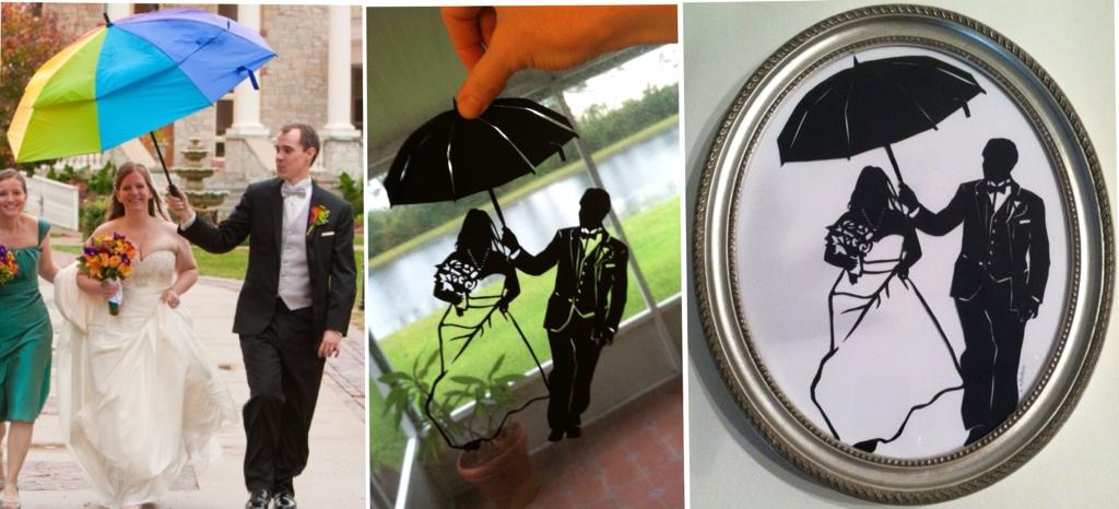 A couple running with an umbrella at their wedding that was then cut into a silhouette